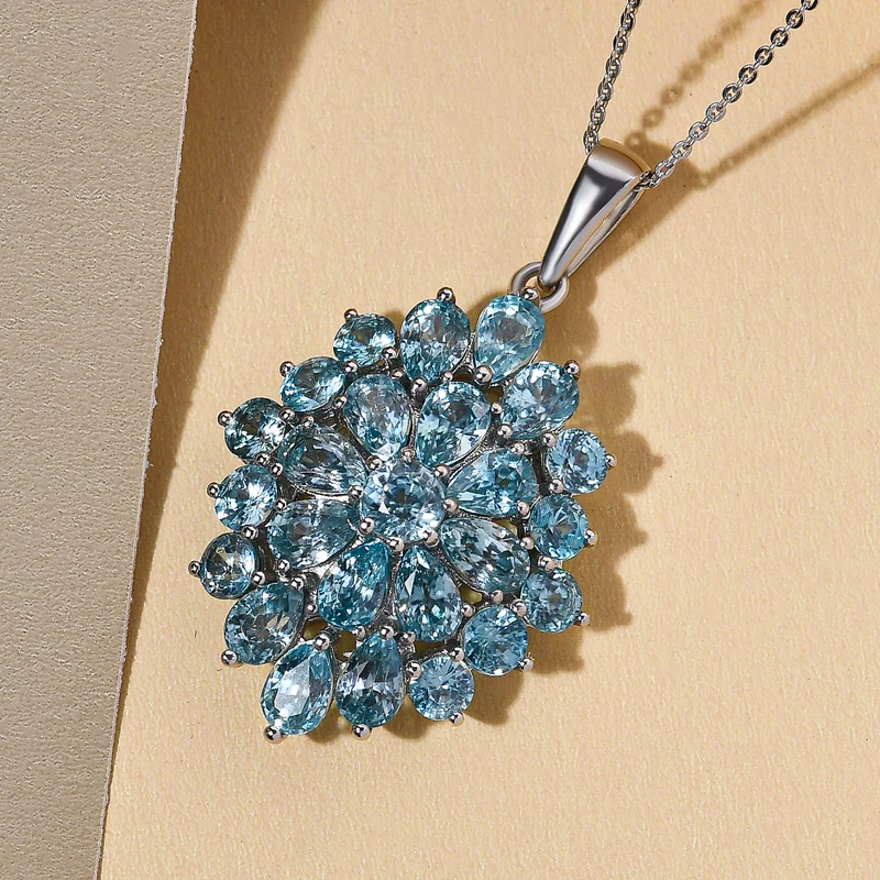 Kambodschanischer, blauer Zirkon-Anhänger mit Kette, 50 cm, 925 Silber platiniert ca. 14,43 ct