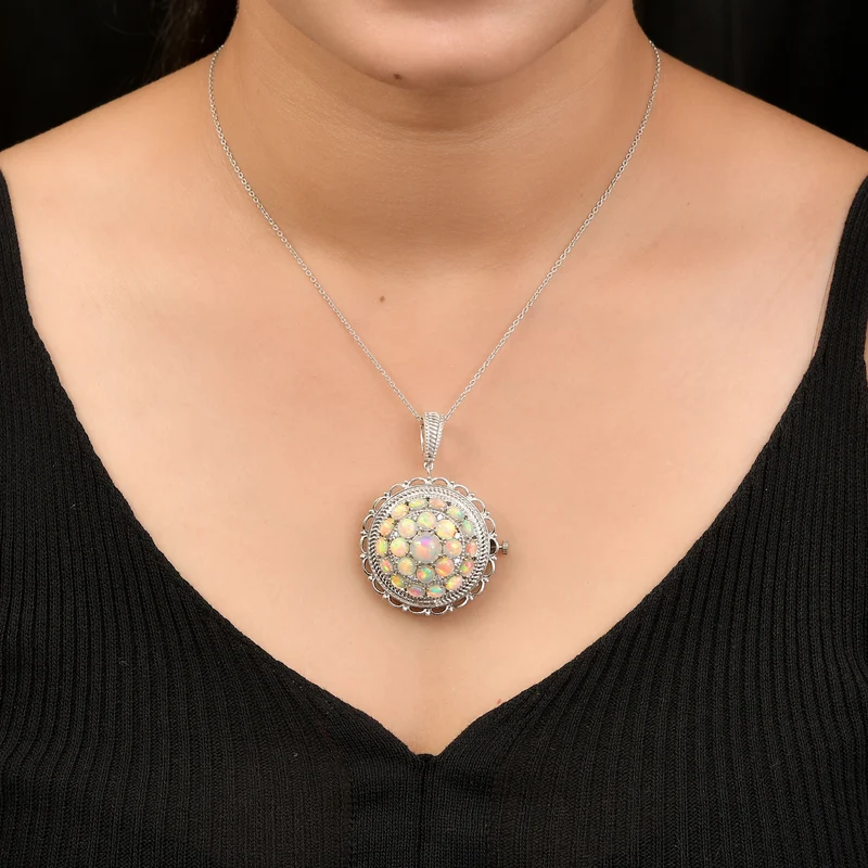 Natürlicher, äthiopischer Opal Anhänger-Uhr mit Kette, 50 cm, 925 Silber platiniert, ca. 5,87 ct