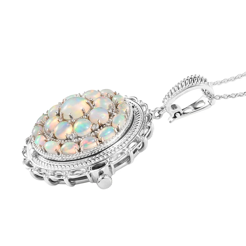 Natürlicher, äthiopischer Opal Anhänger-Uhr mit Kette, 50 cm, 925 Silber platiniert, ca. 5,87 ct