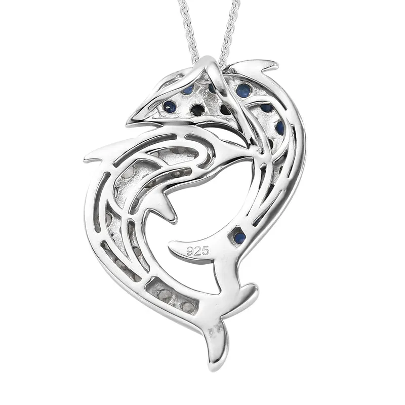 Blauer Saphir und Zirkon Anhänger mit Silberkette ca. 50 cm 925 Silber platiniert ca. 2,50 ct