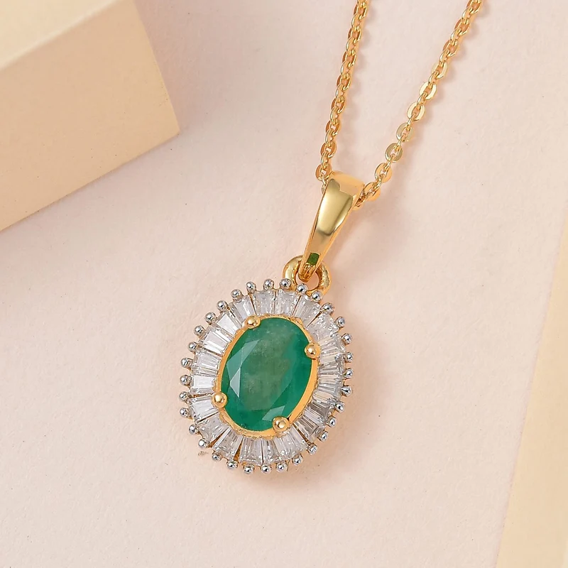 Kagem sambischer Smaragd, Moissanit Anhänger mit Kette, 925 Silber vergoldet ca. 1.31 ct