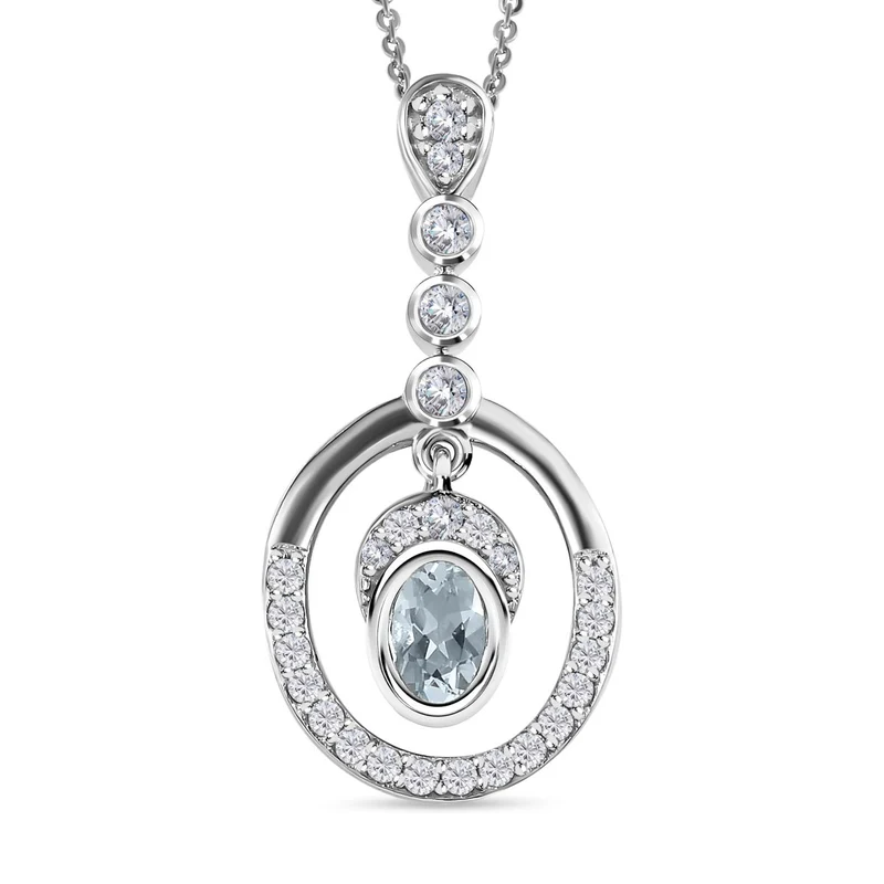Espirito Santo Aquamarin und weißer Zirkon Anhänger mit Kette , 925 Silber platiniert ca. 1.31 ct