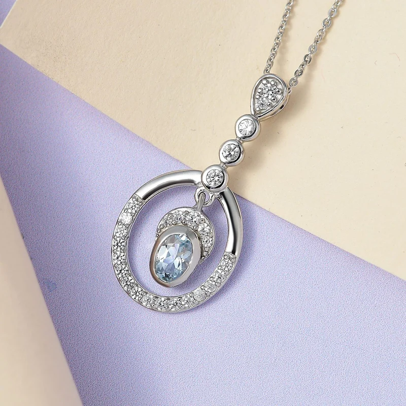 Espirito Santo Aquamarin und weißer Zirkon Anhänger mit Kette , 925 Silber platiniert ca. 1.31 ct