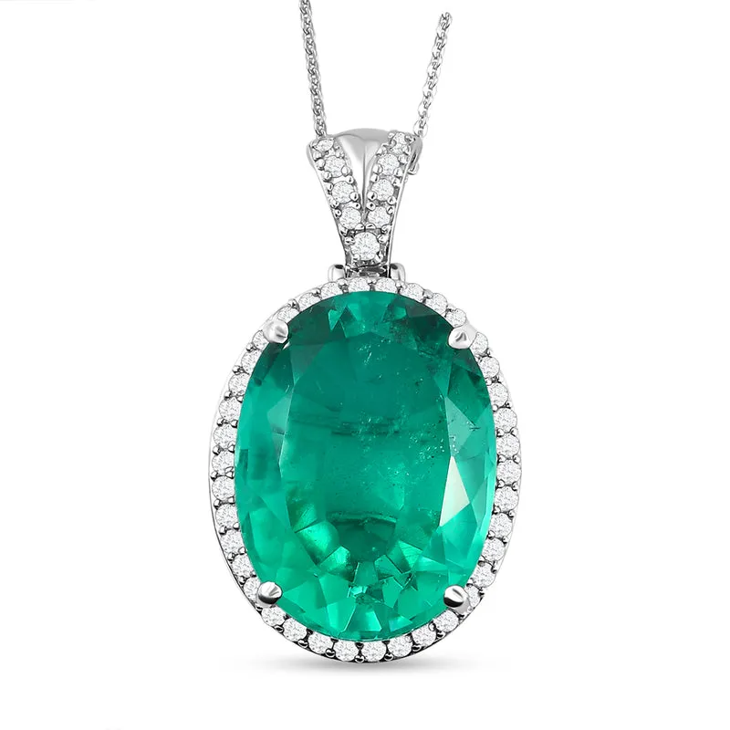 Smaragd-Triplett-Quarz und weißer Zirkon-Anhänger mit Kette, 925 Silber platiniert ca. 34,29 ct