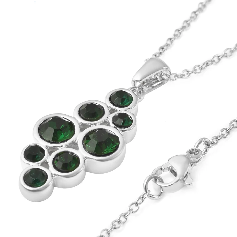 2er- Set grüner Kristall-Ring und Anhänger mit Kette, ca. 50 cm, Edelstahl