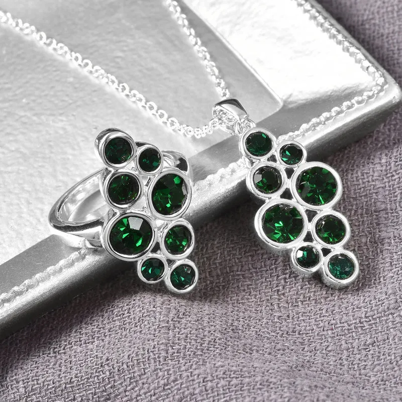2er- Set grüner Kristall-Ring und Anhänger mit Kette, ca. 50 cm, Edelstahl