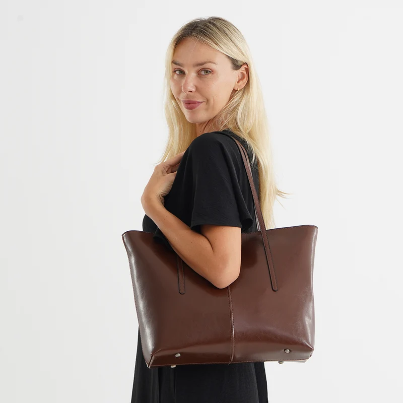 LA MAREY Echtleder-Shopper mit Kartenetui und Schlüsselfinder, 35,5 x 11 x 30 cm, Braun