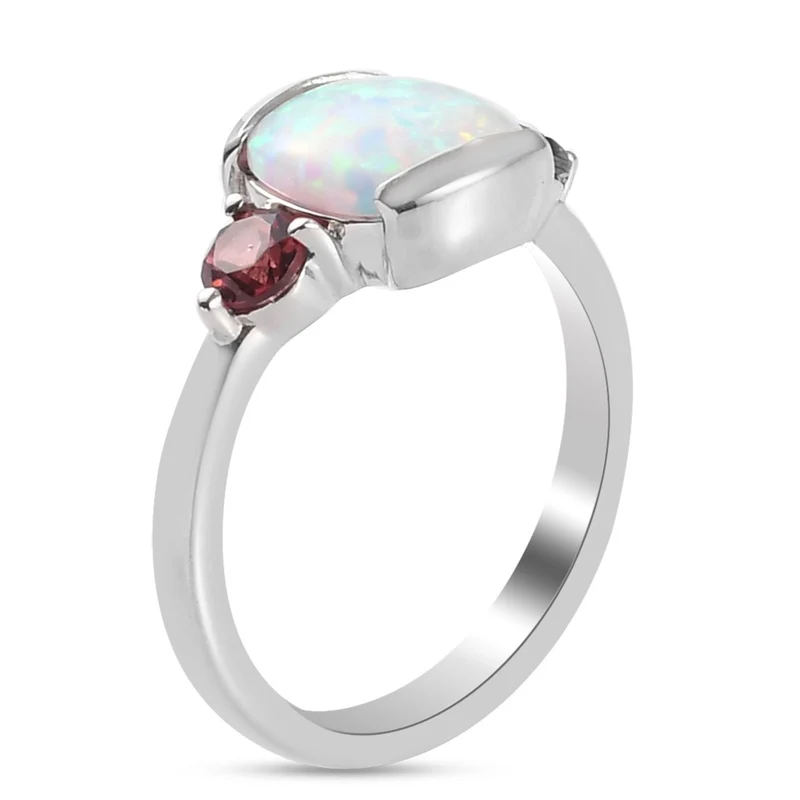 Natürlicher australischer Opal und roter Granat Ring und Anhänger mit Kette ca. 48 cm. 925 Silber platiniert 1,97 ct
