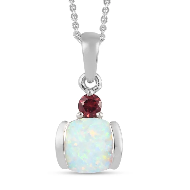 Natürlicher australischer Opal und roter Granat Ring und Anhänger mit Kette ca. 48 cm. 925 Silber platiniert 1,97 ct