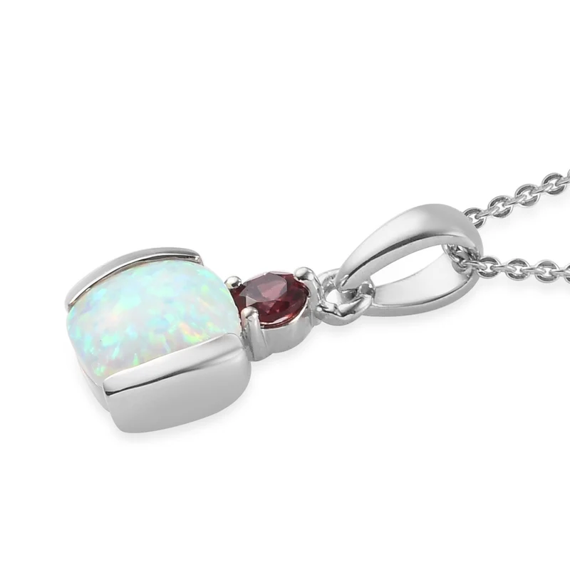 Natürlicher australischer Opal und roter Granat Ring und Anhänger mit Kette ca. 48 cm. 925 Silber platiniert 1,97 ct