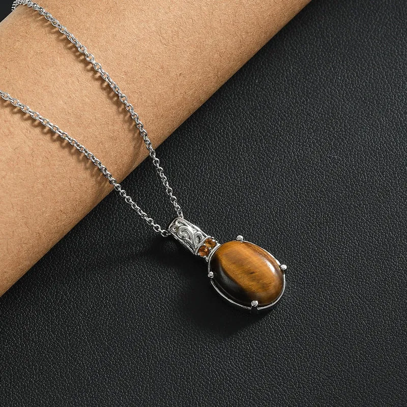 Tigerauge, Citrin Schmuckset Edelstahl ca. 11.10 ct