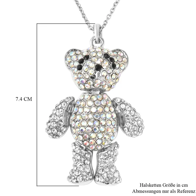 Mehrfarbiger Kristall Teddybär-Anhänger mit Kette, ca. 60+5 cm, Edelstahl