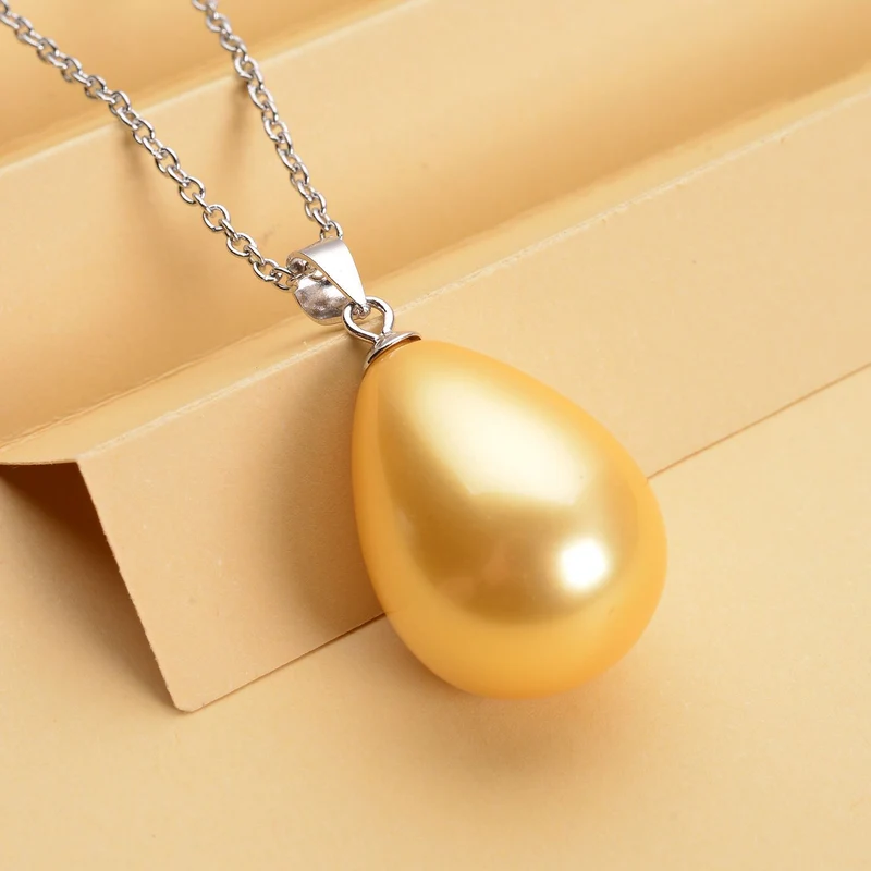 Goldener Muschelkernperlen-Anhänger mit Kette, 925 Silber rhodiniert und Edelstahl