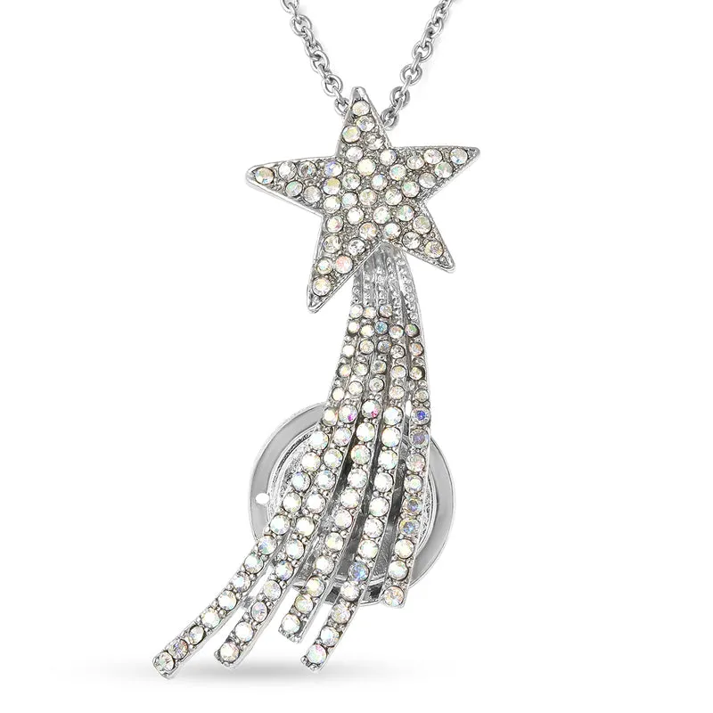 Weiße Kristall Sternschnuppen-Brosche, Anhänger mit Kette, 60 cm, silberfarben ca. 4,00 ct