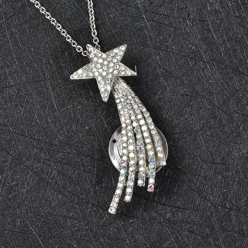 Weiße Kristall Sternschnuppen-Brosche, Anhänger mit Kette, 60 cm, silberfarben ca. 4,00 ct