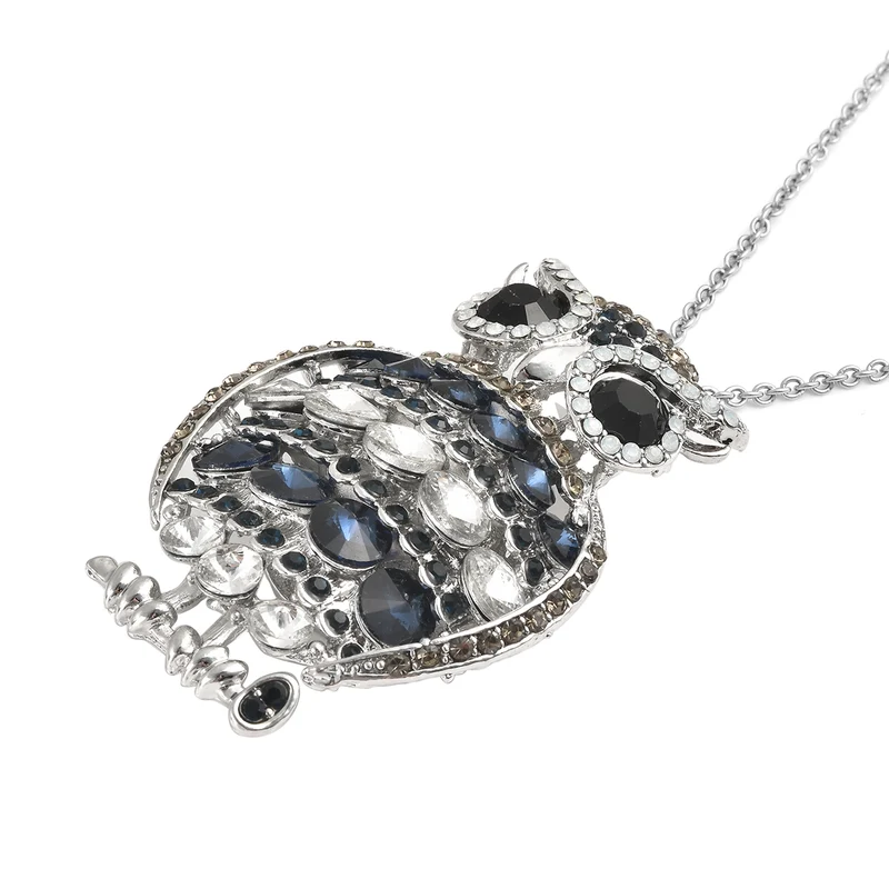 Mehrfarbige Kristall und Glas Eulen-Brosche, Anhänger mit Kette, 60 cm, silberfarben ca. 4,00 ct