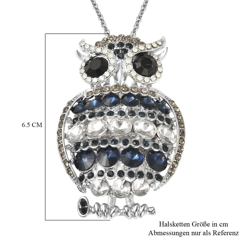 Mehrfarbige Kristall und Glas Eulen-Brosche, Anhänger mit Kette, 60 cm, silberfarben ca. 4,00 ct