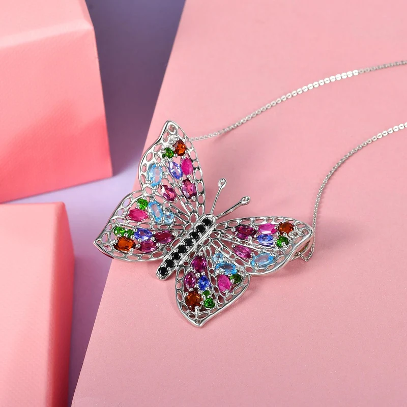 GP Trionfo Kollektion - Mehrfarbiger Edelstein Schmetterlings-Anhänger mit Kette, 925 Silber platiniert ca. 6.10 ct