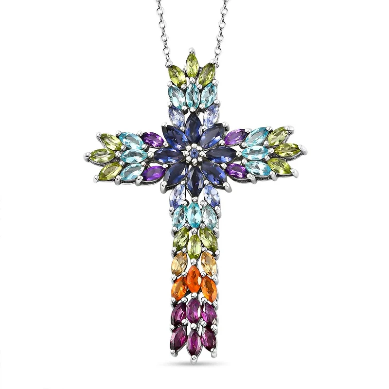 Mehrfarbiger Edelstein Kreuz-Anhänger mit Kette, 925 Silber platiniert ca. 7.89 ct