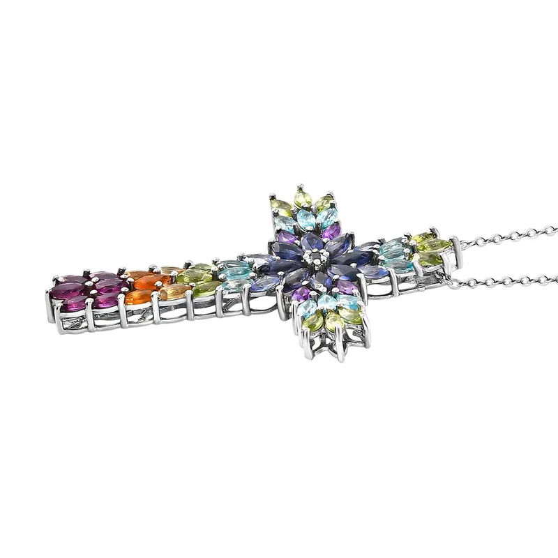 Mehrfarbiger Edelstein Kreuz-Anhänger mit Kette, 925 Silber platiniert ca. 7.89 ct