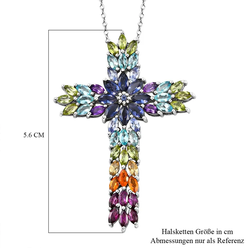 Mehrfarbiger Edelstein Kreuz-Anhänger mit Kette, 925 Silber platiniert ca. 7.89 ct