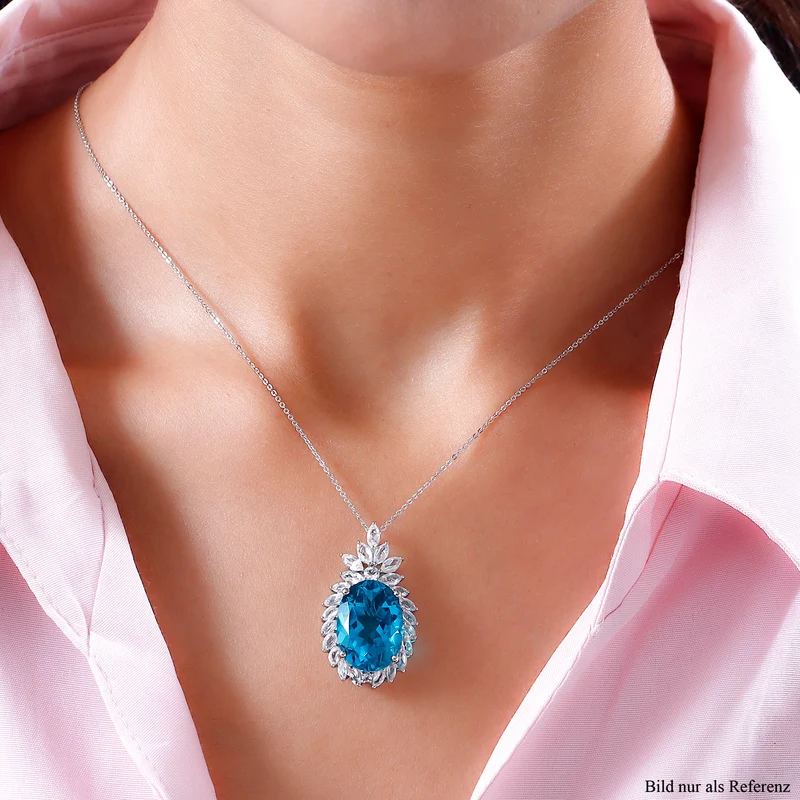 Capri-Blau Quartz und weißer Topas-Anhänger mit Kette, 925 Silber platiniert ca. 16.33 ct