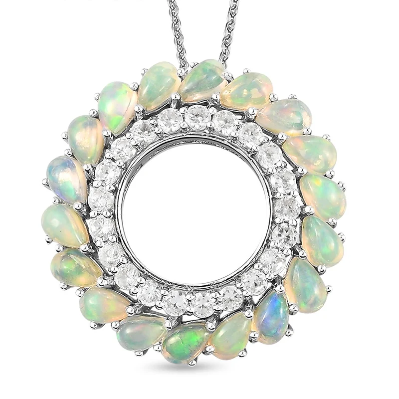 Natürlicher, äthiopischer Opal und weißer Zirkon-Anhänger mit Kette, ca. 50 cm, 925 Silber Platiniert ca. 4,04 ct