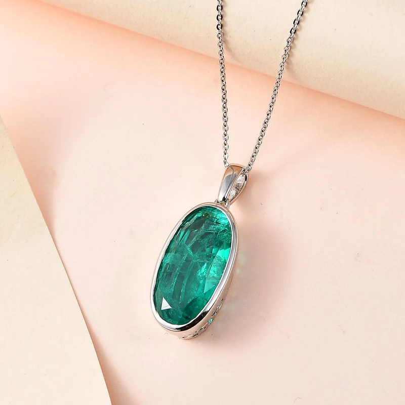 Smaragd-Quarz-Triplette-Anhänger mit Kette, 925 Silber platiniert ca. 9.00 ct