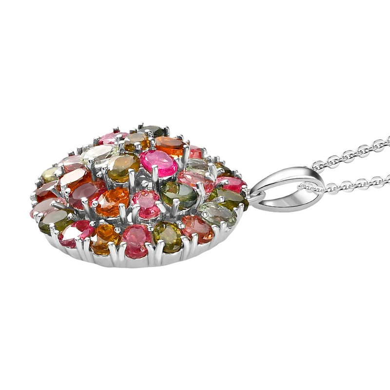 Natürlicher Mehrfarbiger-Turmalin-Anhänger mit Kette, 925 Silber platiniert ca. 6.12 ct