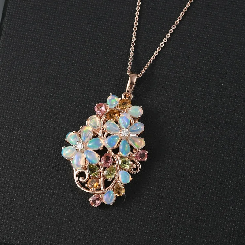 Flora Aurora - D joy Mehrfarbiger-Turmalin, Natürlicher, äthiopischer Welo Opal Anhänger mit Kette, 925 Silber 750 Roségold Vermeil ca. 4,23 ct.