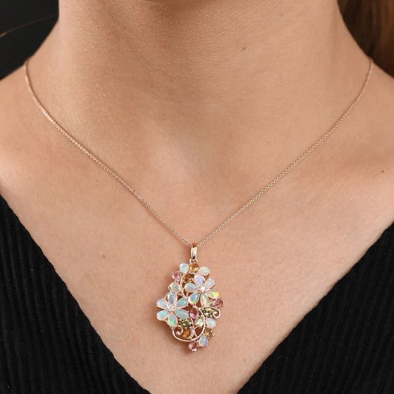 Flora Aurora - D joy Mehrfarbiger-Turmalin, Natürlicher, äthiopischer Welo Opal Anhänger mit Kette, 925 Silber 750 Roségold Vermeil ca. 4,23 ct.