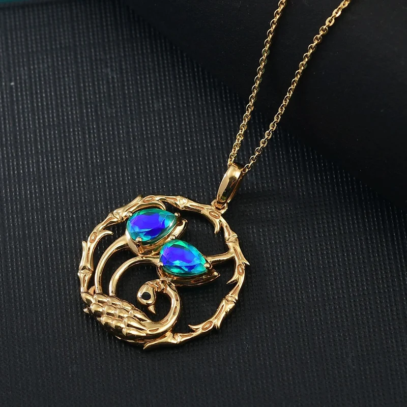 D'joy Pfau Quarz Triplette Anhänger mit Kette ( (5-10 Werktage Lieferzeit) ca. 45cm), 925 Silber 750 Gelb Vergoldet ca. 1.48 ct