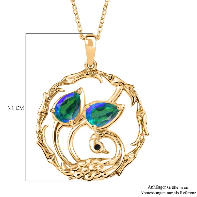D'joy Pfau Quarz Triplette Anhänger mit Kette ( (5-10 Werktage Lieferzeit) ca. 45cm), 925 Silber 750 Gelb Vergoldet ca. 1.48 ct
