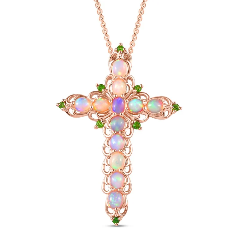 Natürlicher, äthiopischer Welo Opal und natürlicher Chromdiopsid Kreuz-Anhänger mit Kette, 925 Silber Roségold Vermeil ca. 2,96 ct