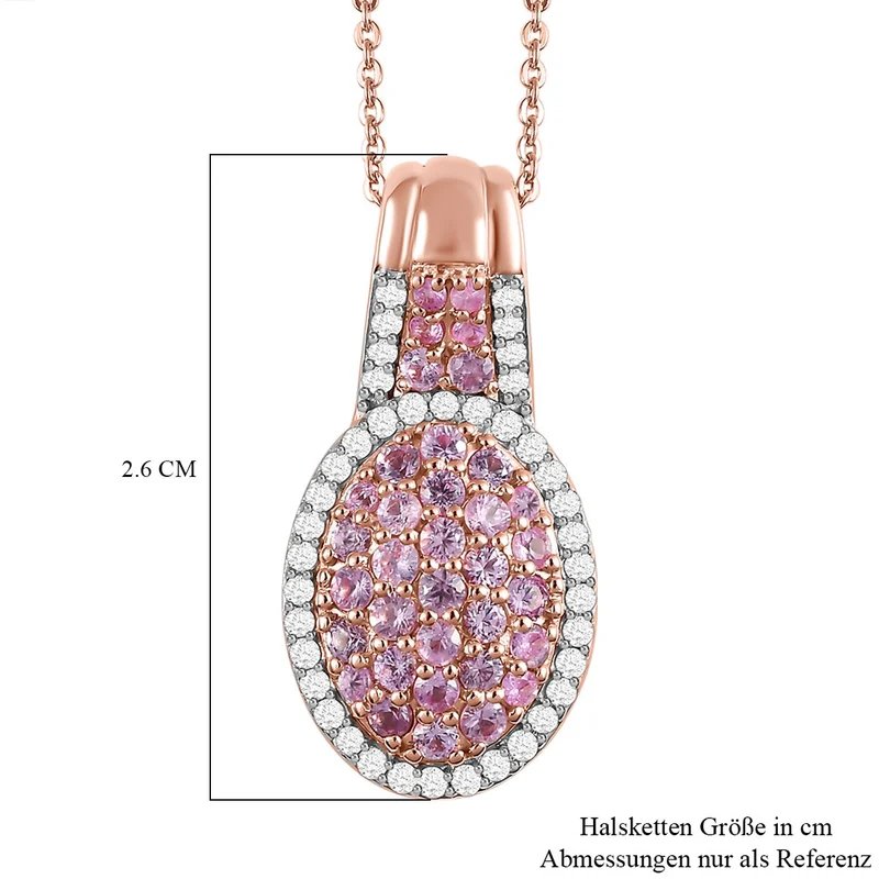 Rosa Saphir Anhänger mit Kette, 925 Silber roségold Vermeil ca. 2.03 ct