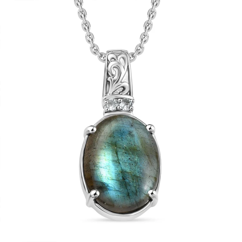 Labradorit, Himmelblauer Topas Anhänger mit Kette, Edelstahl ca. 11.10 ct