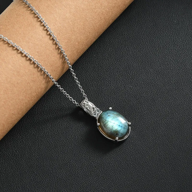 Labradorit, Himmelblauer Topas Anhänger mit Kette, Edelstahl ca. 11.10 ct