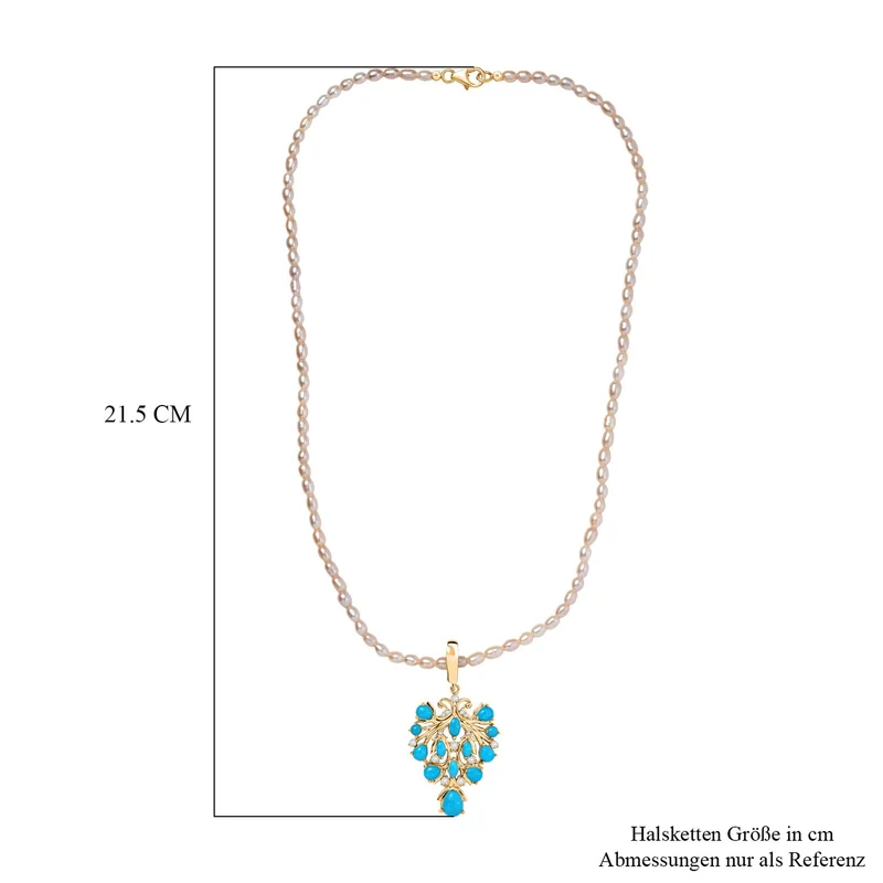 D joy Sleeping Beauty Türkis, Weiße Süßwasserperle Anhänger mit Kette, 925 Silber 750 Gelbgold Vermeil