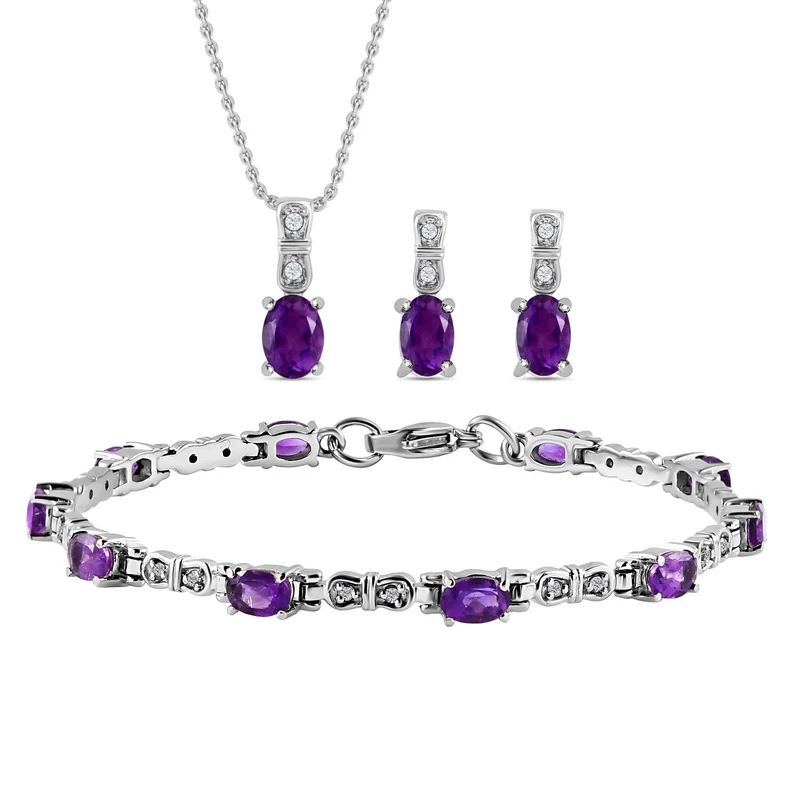 3er Set, afrikanische Amethyst Ohrringe, Armband, Anhänger mit Kette, Edelstahl, ca. 7.28 ct