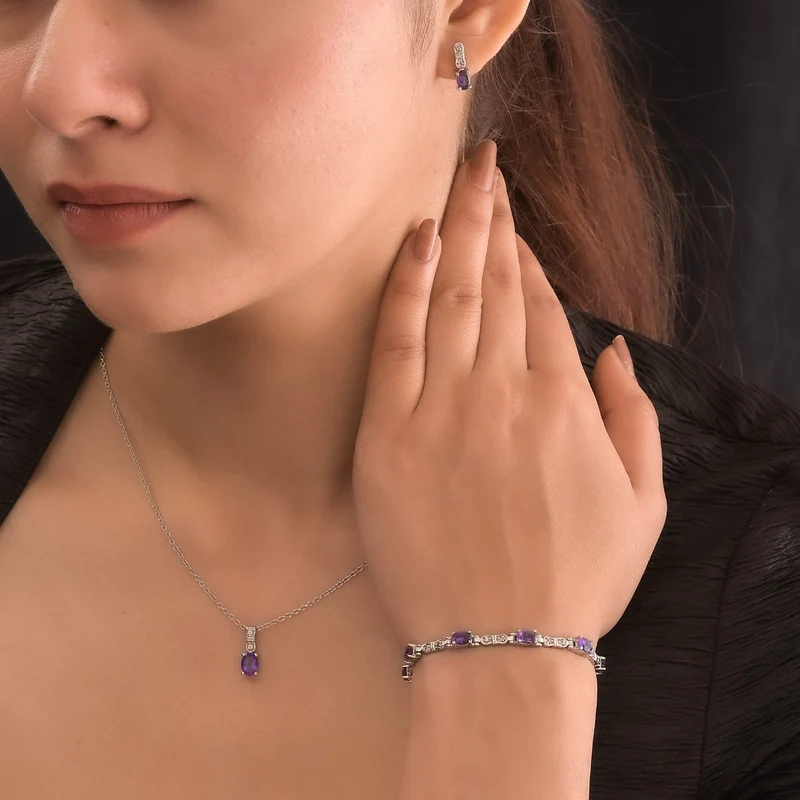3er Set, afrikanische Amethyst Ohrringe, Armband, Anhänger mit Kette, Edelstahl, ca. 7.28 ct