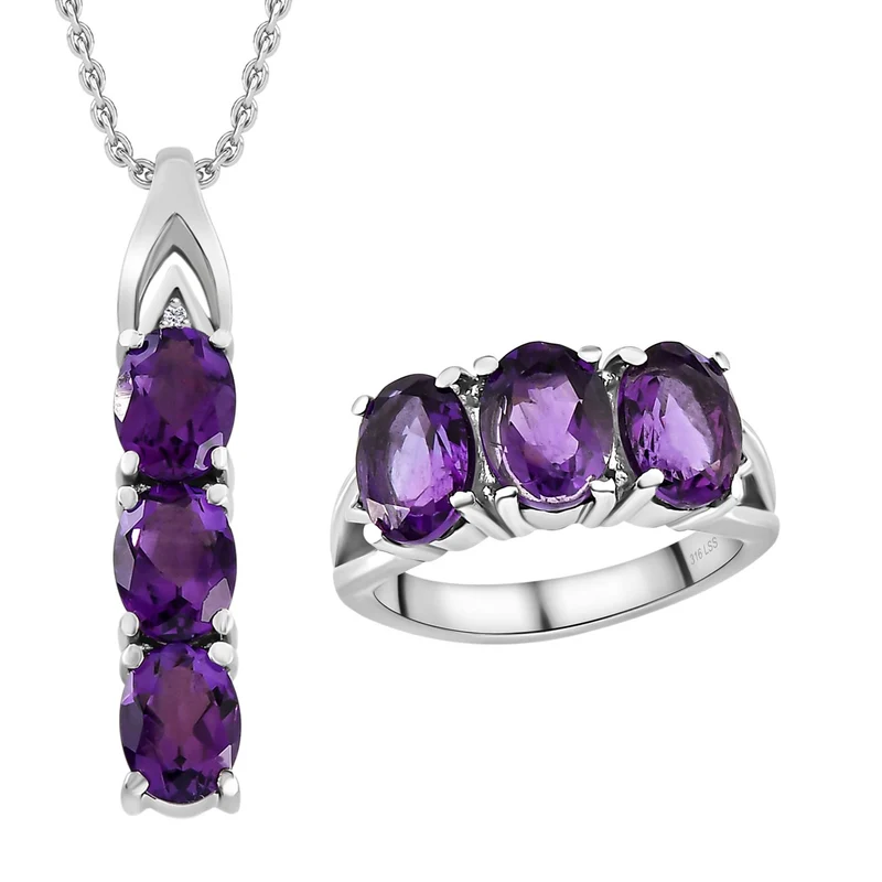 2er Set - Afrikanischer Amethyst Ring und Anhänger, Edelstahl ca. 7.00 ct