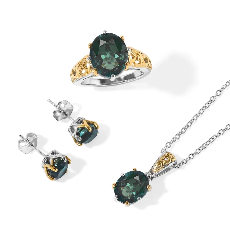 EVER TRUE 3er Set - Alexandrit Quarz Triplette Anhänger mit Kette, Ohrringe und Ring, ca. 50 cm (Größe 20.00) ca. 11.09 ct