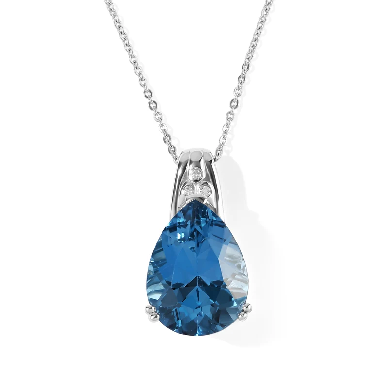 D'Joy London Blau Topas, Weißer Diamant Anhänger mit Kette, ca. 50 cm 925 Silber Rhodiniert ca. 10.21 ct