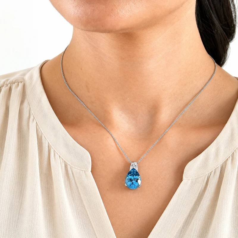 D'Joy London Blau Topas, Weißer Diamant Anhänger mit Kette, ca. 50 cm 925 Silber Rhodiniert ca. 10.21 ct