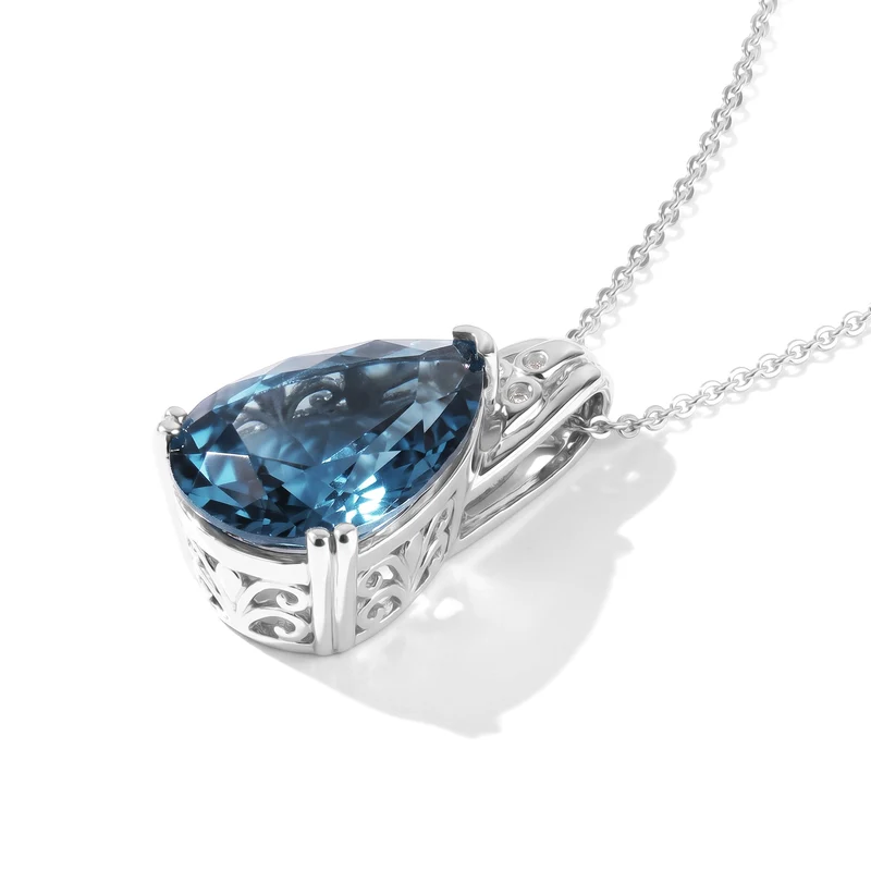 D'Joy London Blau Topas, Weißer Diamant Anhänger mit Kette, ca. 50 cm 925 Silber Rhodiniert ca. 10.21 ct