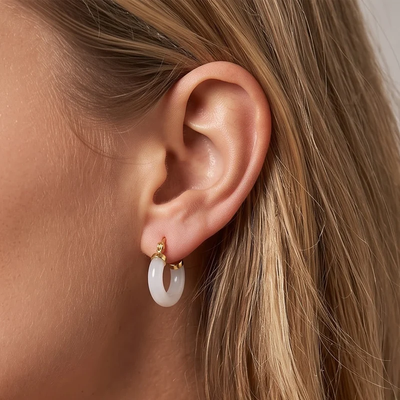 EXTREM SELTEN TYP A Natürliche Weiße Jadeit Jade Ohrringe 925 Silber Vergoldet ca. 28.00 ct
