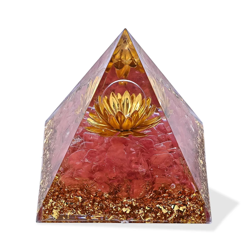 2-teiliges Edelstein-Set mit Rosenquarz-Anhänger und Kette, Deko-Pyramide, 316L Edelstahl, goldfarben, ca. 20.00 ct