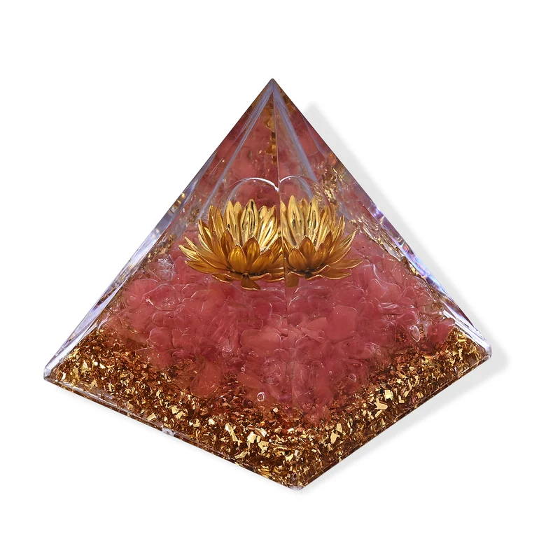 2-teiliges Edelstein-Set mit Rosenquarz-Anhänger und Kette, Deko-Pyramide, 316L Edelstahl, goldfarben, ca. 20.00 ct