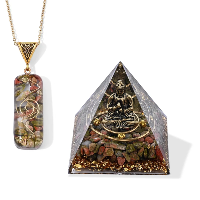 2-teiliges Edelstein-Set mit Unakit-Anhänger und Kette, Deko-Pyramide, 316L Edelstahl, goldfarben, ca. 20.00 ct