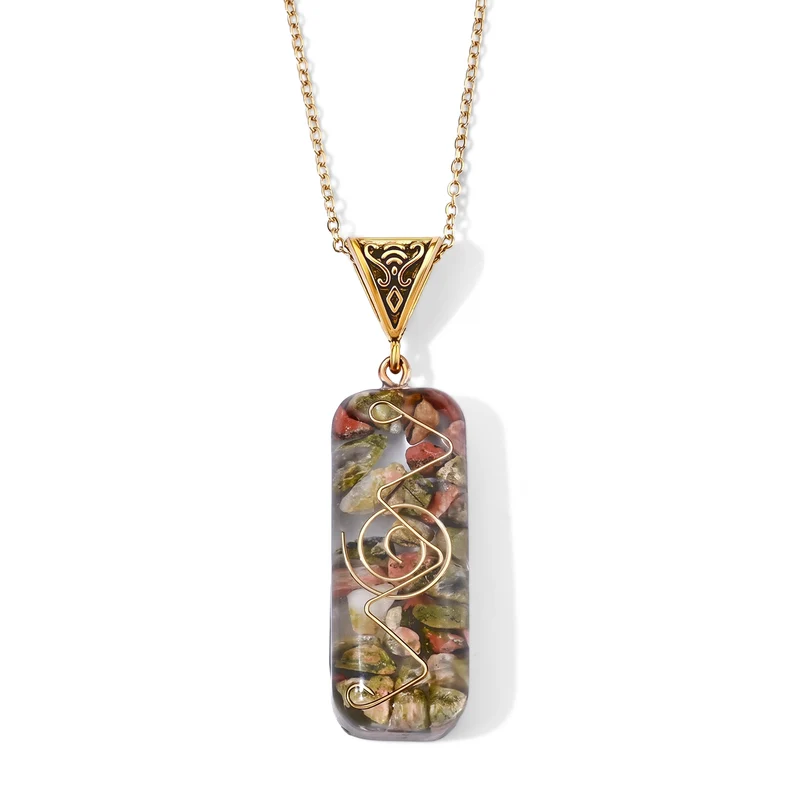 2-teiliges Edelstein-Set mit Unakit-Anhänger und Kette, Deko-Pyramide, 316L Edelstahl, goldfarben, ca. 20.00 ct